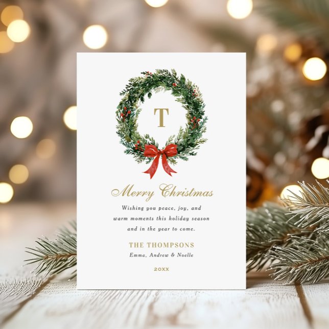 Classic Wreath Monogram Christmas Family Name Holiday Card (Creator Uploaded)