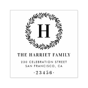 Classic Wreath Monogram Family Name Return Address Rubber Stamp