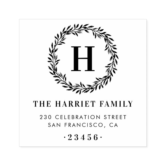 Classic Wreath Monogram Family Name Return Address Rubber Stamp (Imprint)