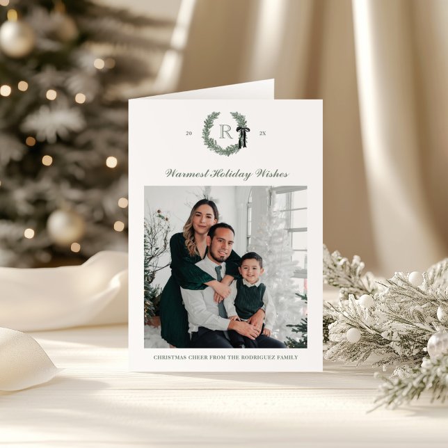Classic Wreath Monogram One Photo Folded Holiday Card (Creator Uploaded)