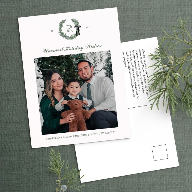 Classic Wreath Monogram Photo Holiday Postcard (Creator Uploaded)