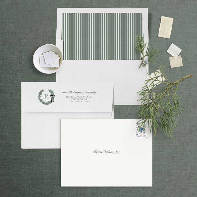 Classic Wreath Monogram with Bow Return Address Envelope (Creator Uploaded)