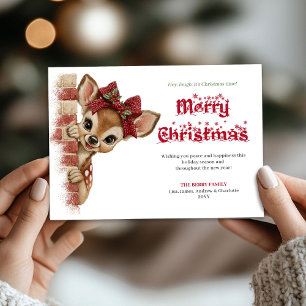 Classic Xmas baby fawn peeking forest greeting   Holiday Card