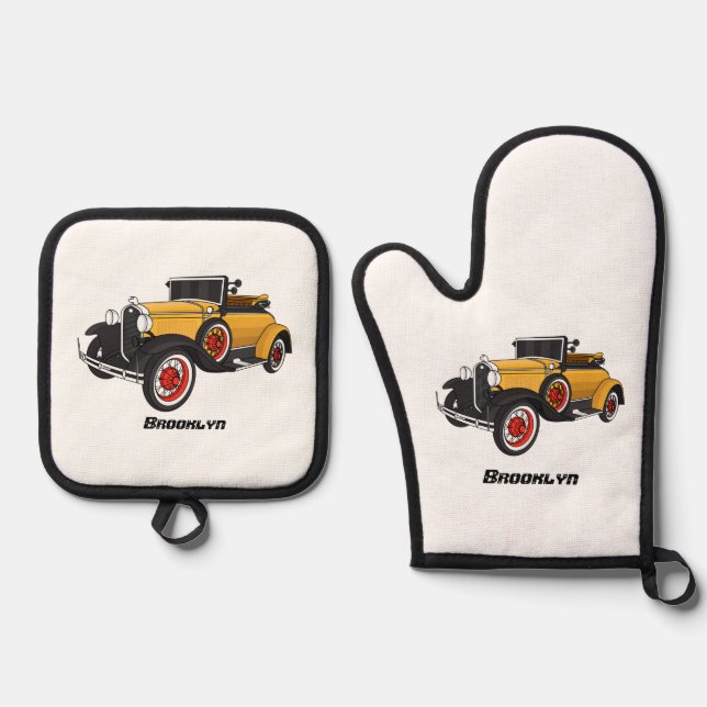 Classic yellow car 1931 oven mitt & pot holder set (Front)