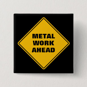 Classic yellow road sign metal work ahead 2 inch square button