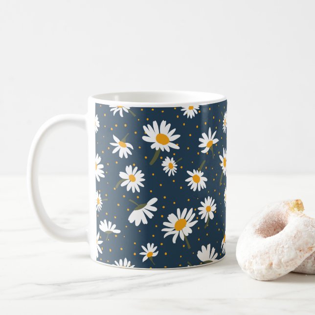 Classic Yellow White Daisy Flowers Navy Coffee Mug (With Donut)