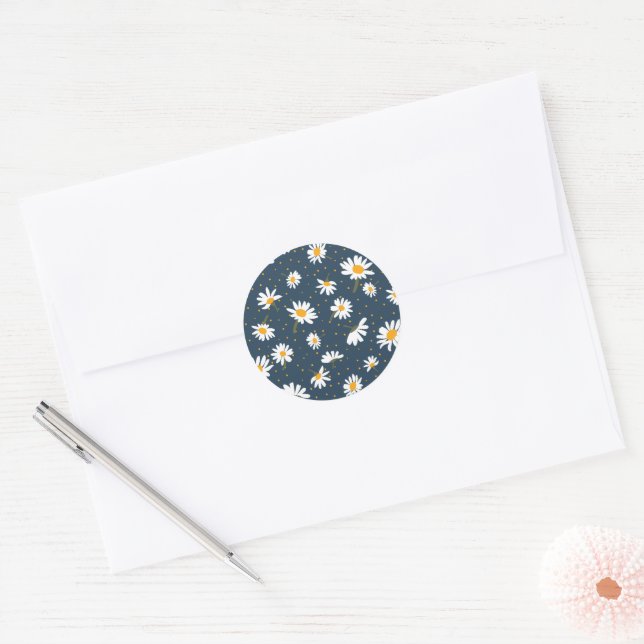 Classic Yellow White Daisy Flowers Navy Round Sticker (Envelope)