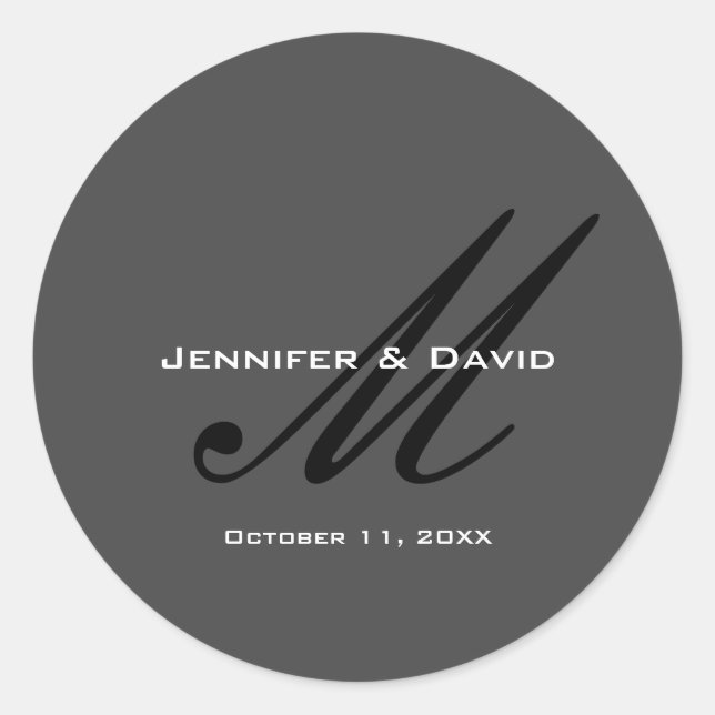 Classical Calligraphy Monogram Wedding Grey Classic Round Sticker (Front)