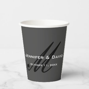 Classical Calligraphy Monogram Wedding Grey Paper Cups
