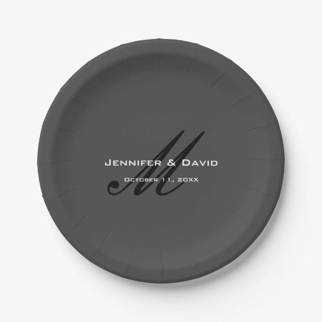 Classical Calligraphy Monogram Wedding Grey Paper Plate (Front)