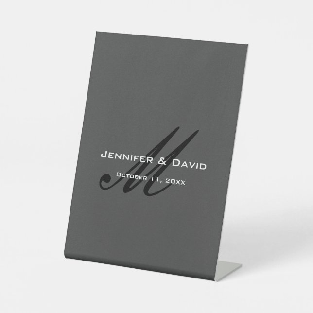 Classical Calligraphy Monogram Wedding Grey Pedestal Sign (Front)