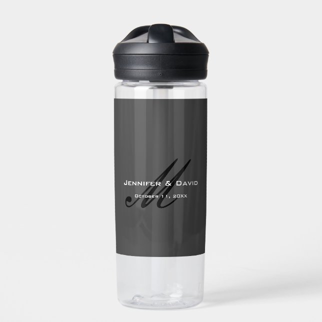 Classical Calligraphy Monogram Wedding Grey Water Bottle (Front)