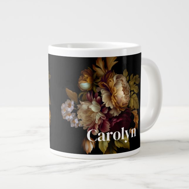 Classical Dark Floral Bouquet with Name Large Coffee Mug (Front Right)