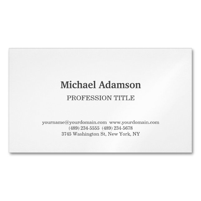 Classical Elegant Plain Simple White Minimalist Magnetic Business Card (Front)