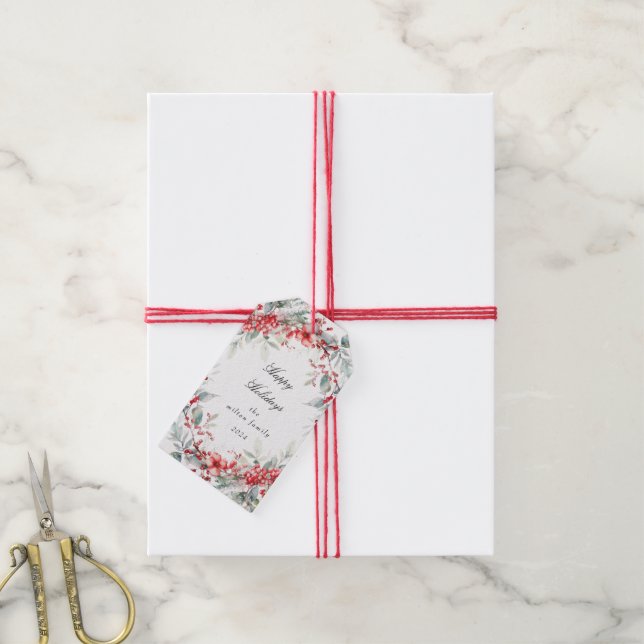 Classical Holiday Berries Monogram Gift Tags (With Twine)