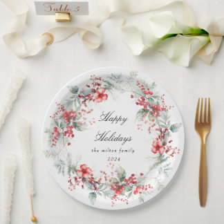 Classical Holiday Berries Monogram Paper Plate
