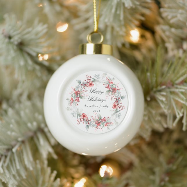 Classical Holiday Berries Photo Monogram Ceramic Ball Christmas Ornament (Tree)