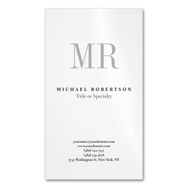 Classical Monogram Grey White Minimalist Plain Magnetic Business Card (Front Vertical)
