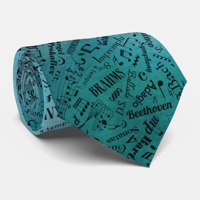 Classical Music Composer Notation Teal Grey Tie (Rolled)