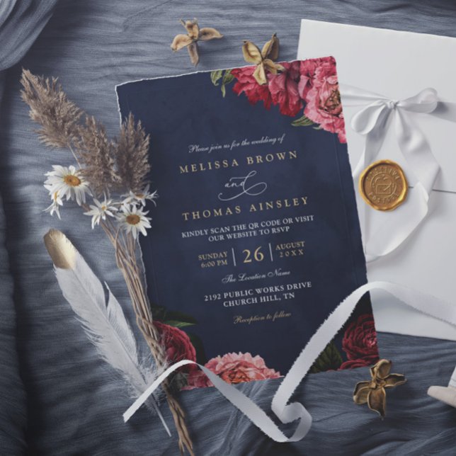 Classical Peonies Floral Navy Chic QR Code Wedding Invitation (Creator Uploaded)