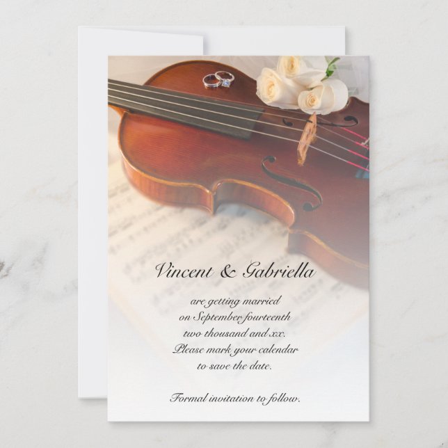 Classical Violin White Roses Wedding Save the Date Invitation (Front)