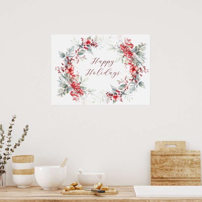 Classical Winter Holiday Berries Happy Holiday Poster (Kitchen)