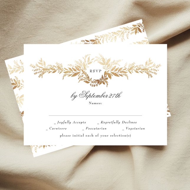 classically elegant gold botanical wreath wedding RSVP card (Creator Uploaded)