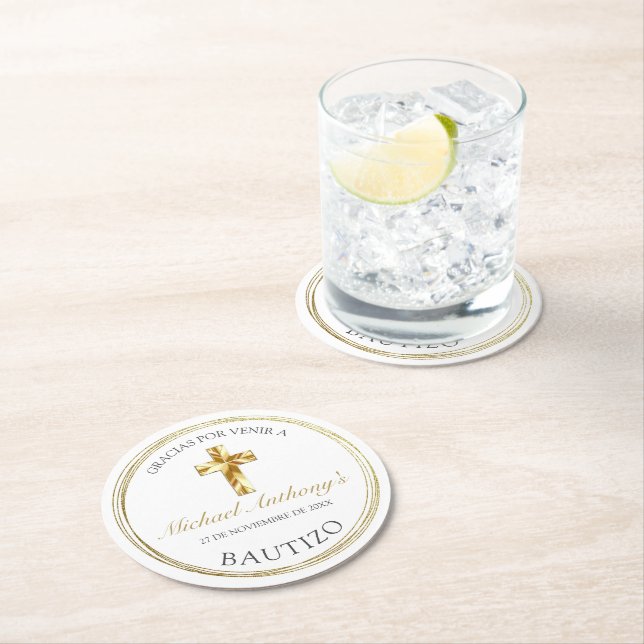 Classico Blanco Dorado Bautizo de Bebé Gracias  Round Paper Coaster (Insitu)
