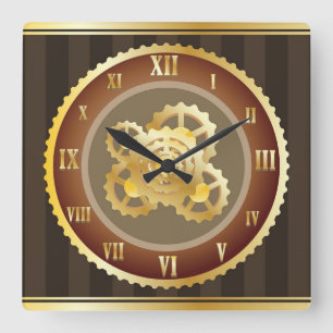 Classie Gold with Wood Background Roman Numeral Square Wall Clock