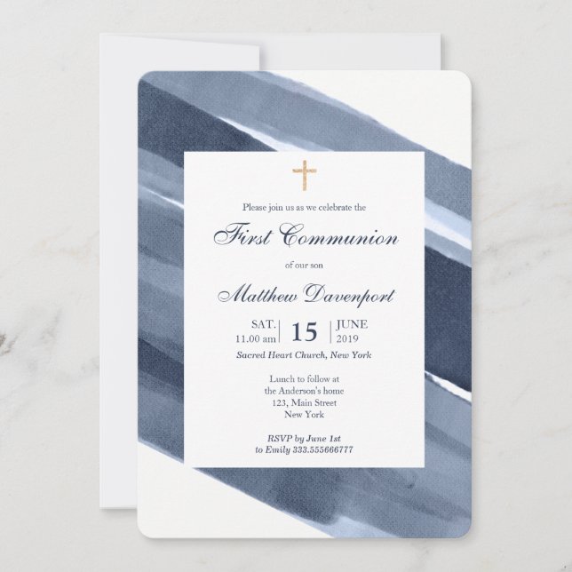 Classique Bleu moderne 1ère communion invitation (Devant)