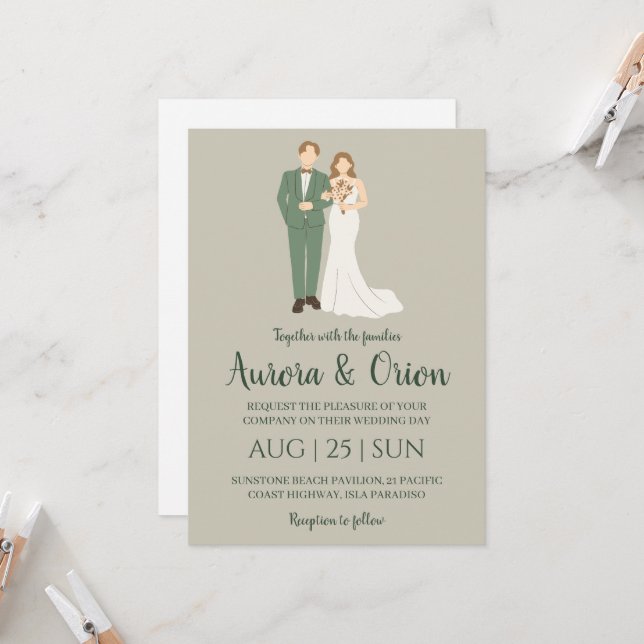 classique formel sauge vert invitation mariage (Devant/Arrière en situation)