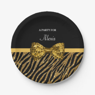 Classly Gold Zebra Print FAUX Glitz Bow With Name Paper Plate