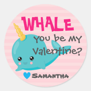 Classroom Narwhal Valentine "Whale you be mine" Classic Round Sticker
