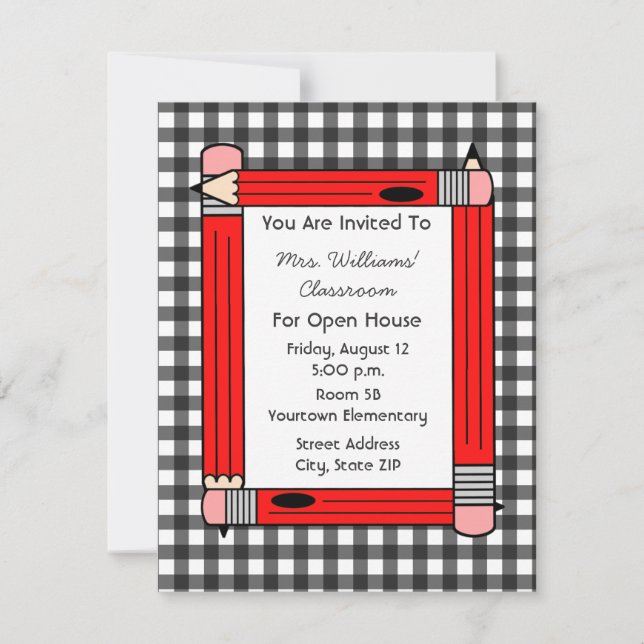 Classroom Open House: Red Pencils, Grey Gingham Invitation (Front)