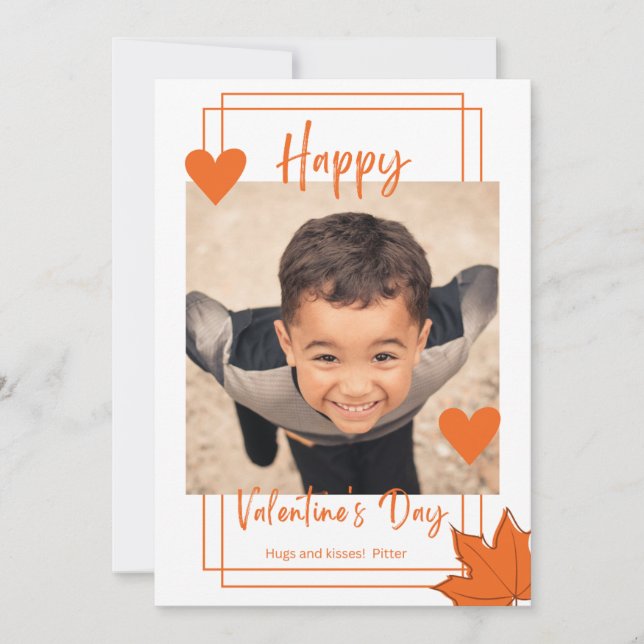  Classroom Orange-Frame Photo Boy Valentine's Day Holiday Card (Front)