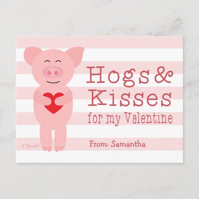 Classroom Valentines for Kids Pig Hog and Kisses Holiday Postcard (Front)