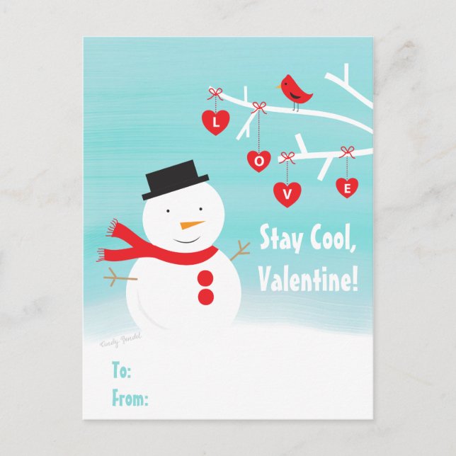 Classroom Valentines School Exchange Snowman Holiday Postcard (Front)