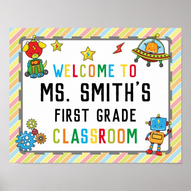 Classroom Welcome Sign in Robots Theme (Front)