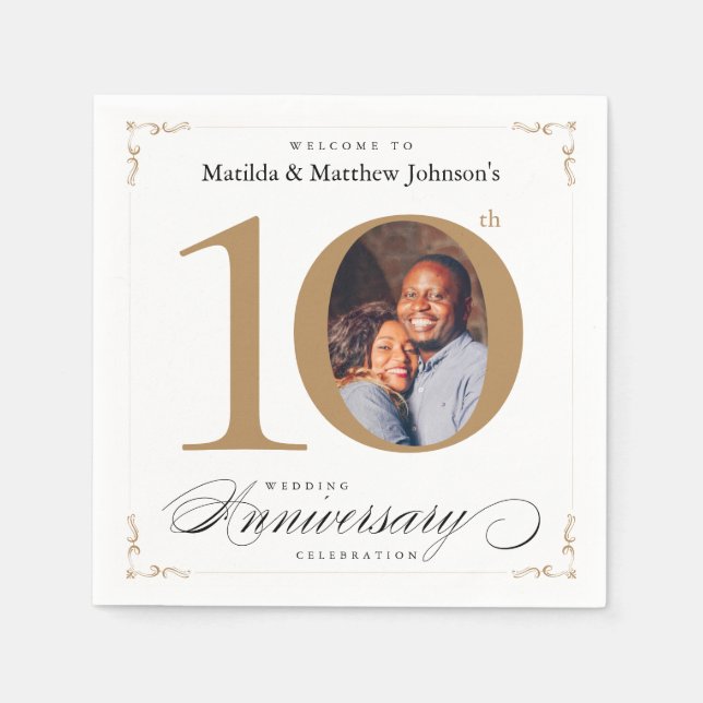 Classy 10th Anniversary Calligraphy White Gold Napkin (Front)