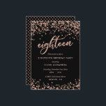 Classy 18th Birthday Invitation Rose Gold Confetti<br><div class="desc">Classy 18th Birthday Party Invitations: Sparkly rose gold confetti 18th birthday party invitation design featuring bright rose gold glitter look confetti polka dots. Rose gold "eighteen" written in hand-lettering script typography. Contemporary lettering fills out the party details. [Note that while elements of this design will print to look like glitter,...</div>