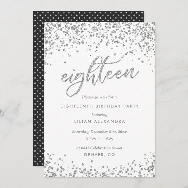 Classy 18th Birthday Invitation, Sparkly Confetti Invitation (Front/Back)