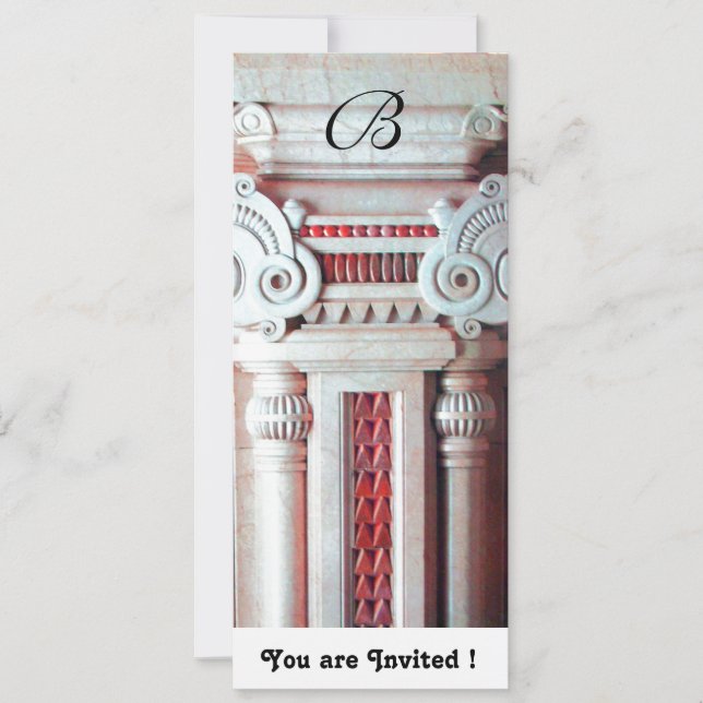 CLASSY ART NOUVEAU COLUMN DECOR Red White Monogram Invitation (Front)