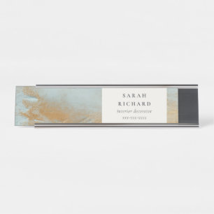Classy Artistic Aqua Blue Gold Oil Paint Business Desk Name Plate