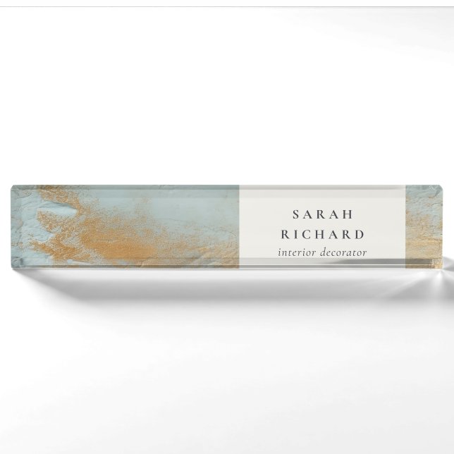 Classy Artistic Aqua Blue Gold Oil Paint Business Nameplate (Front)