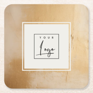 Classy Artistic Beige Gold Oil Paint Texture Logo Square Paper Coaster