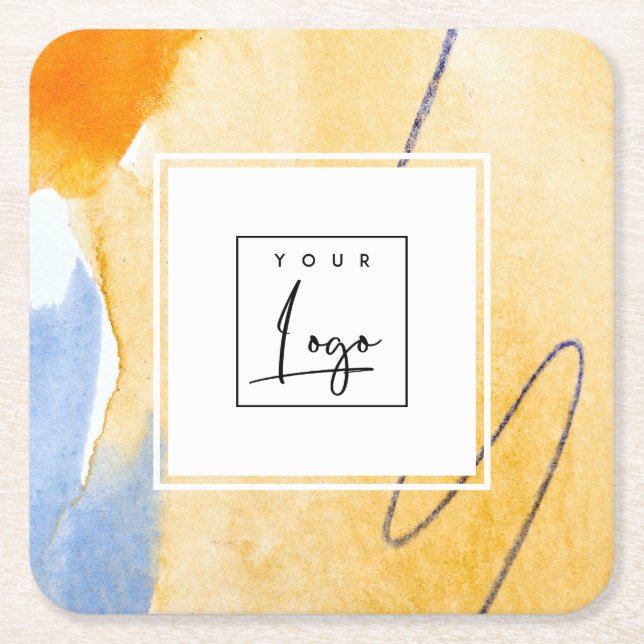 Classy Artistic Blue Gold Oil Paint Texture Logo Square Paper Coaster (Front)