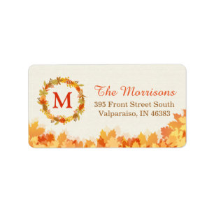 Classy Autumn Gold Red Leaves Wreath Monogram Label
