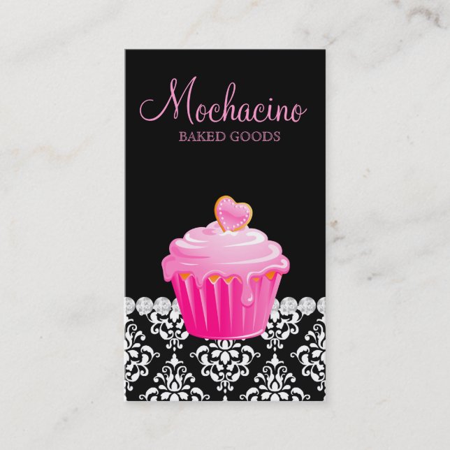 Classy Bakery Business Card Cupcake Damask Pink Bl (Front)