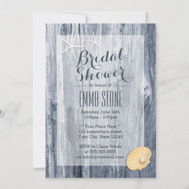 Classy Beach Theme Blue Driftwood Bridal Shower Invitation (Front)