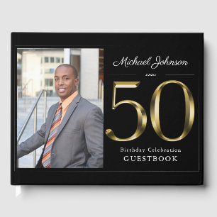 Classy Black 50th Solid Gold Custom Photo Birthday Guest Book